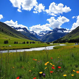 A serene landscape featuring a lush green meadow under a bright blue sky filled with fluffy white clouds