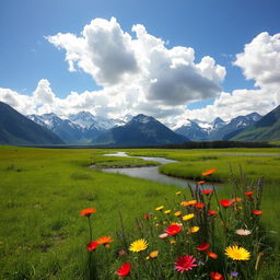 A serene landscape featuring a lush green meadow under a bright blue sky filled with fluffy white clouds