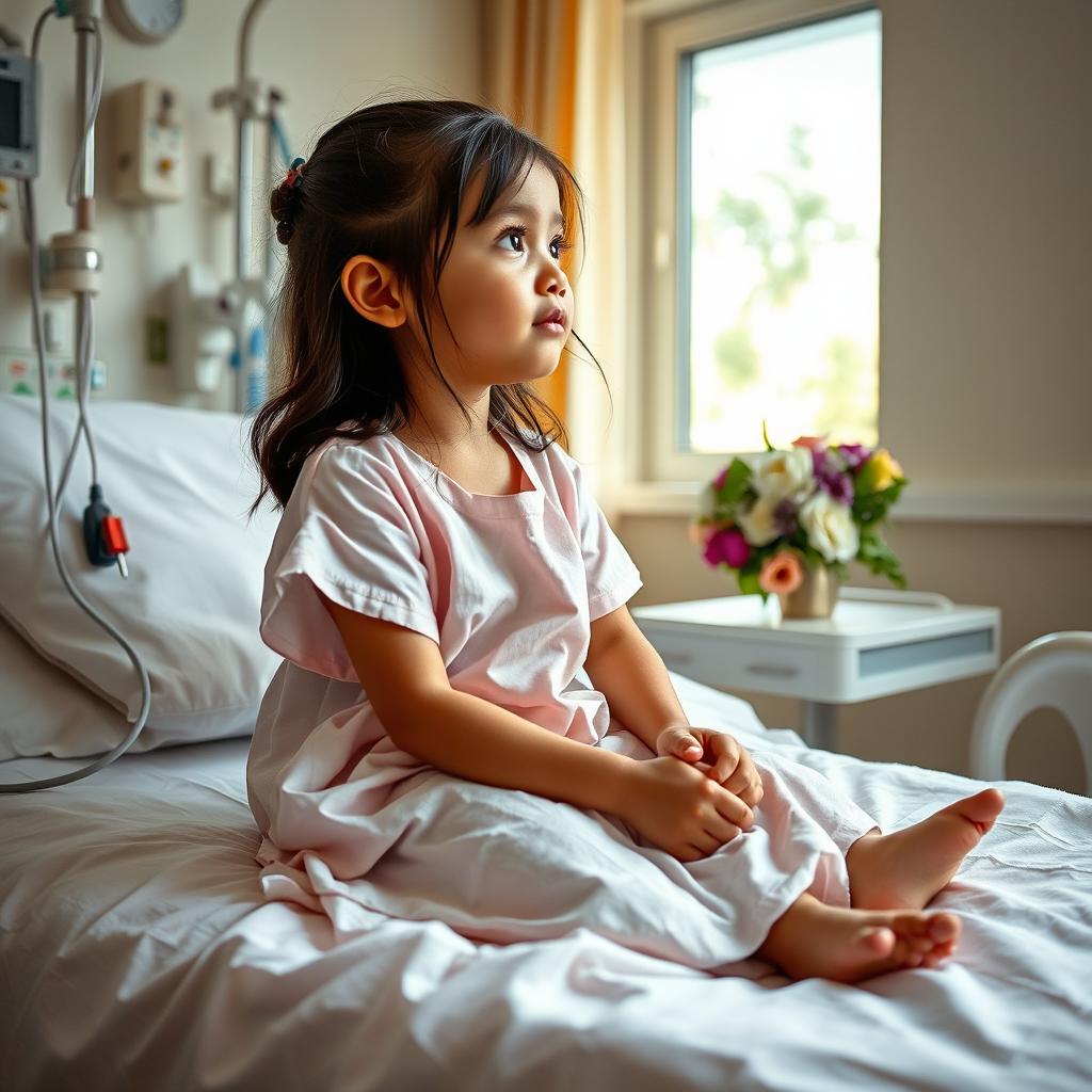 A young girl sitting on a hospital bed, looking contemplative but hopeful, surrounded by medical equipment related to dengue treatment