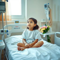 A young girl sitting on a hospital bed, looking contemplative but hopeful, surrounded by medical equipment related to dengue treatment