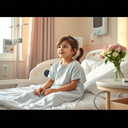 A young girl sitting on a hospital bed, looking contemplative but hopeful, surrounded by medical equipment related to dengue treatment
