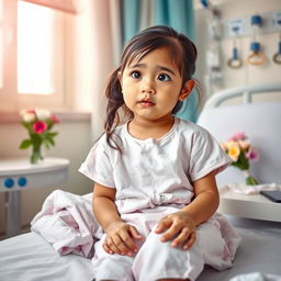 A young girl sitting on a hospital bed, looking contemplative but hopeful, surrounded by medical equipment related to dengue treatment