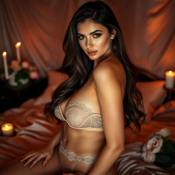 A sultry scene featuring a stunning adult female model, wearing elegant lingerie that accentuates her curves, against a backdrop of luxurious silk sheets