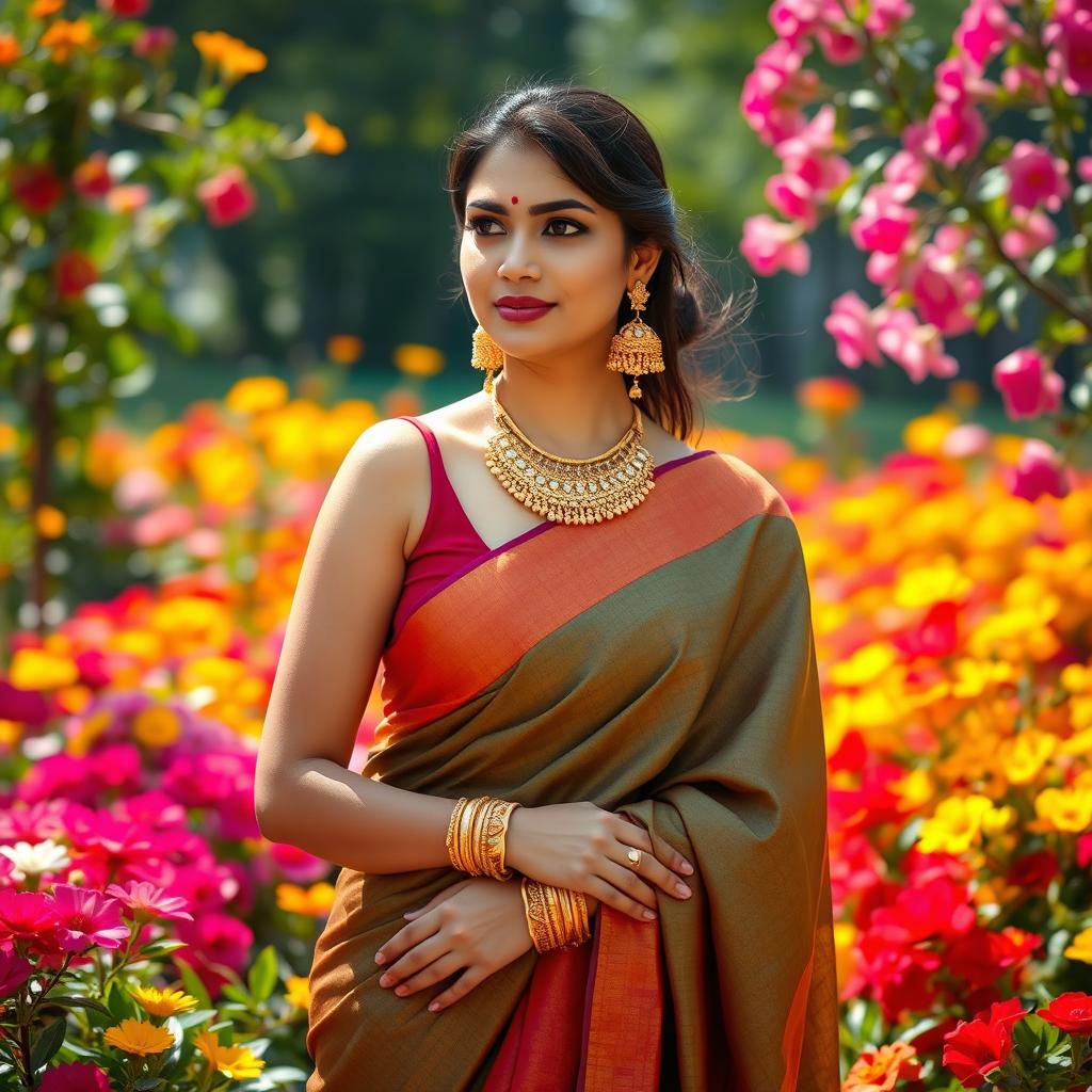A stunningly beautiful woman wearing a sleeveless blouse and saree, adorned with intricate gold jewellery, stands gracefully in a vibrant flower garden