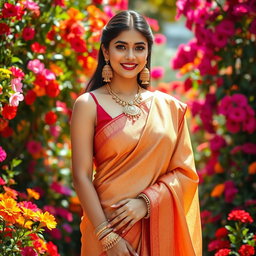 A stunningly beautiful woman wearing a sleeveless blouse and saree, adorned with intricate gold jewellery, stands gracefully in a vibrant flower garden