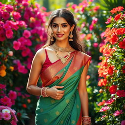 A stunningly beautiful woman wearing a sleeveless blouse and saree, adorned with intricate gold jewellery, stands gracefully in a vibrant flower garden