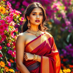 A stunningly beautiful woman wearing a sleeveless blouse and saree, adorned with intricate gold jewellery, stands gracefully in a vibrant flower garden