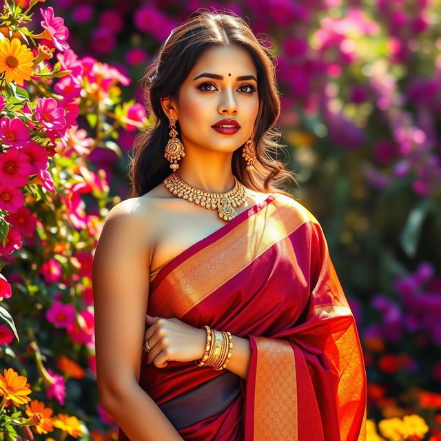 A stunningly beautiful woman wearing a sleeveless blouse and saree, adorned with intricate gold jewellery, stands gracefully in a vibrant flower garden