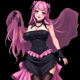 A realistic, sexy gothic anime girl with a flustered expression and a soft blush on her cheeks