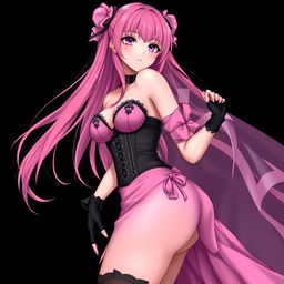 A realistic, sexy gothic anime girl with a flustered expression and a soft blush on her cheeks