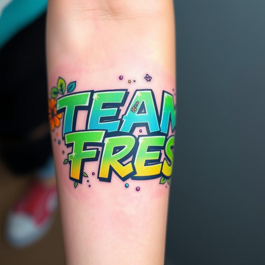 A vibrant tattoo design featuring the phrase 'TEAM FRESH' in an artistic font