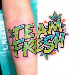 A vibrant tattoo design featuring the phrase 'TEAM FRESH' in an artistic font
