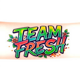 A vibrant tattoo design featuring the phrase 'TEAM FRESH' in an artistic font
