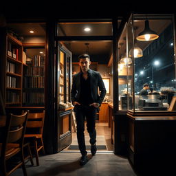 A man dressed in sleek black clothes enters a cozy cafe shop at night, the warm glow of the cafe lighting illuminating his figure
