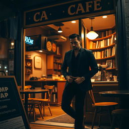 A man dressed in sleek black clothes enters a cozy cafe shop at night, the warm glow of the cafe lighting illuminating his figure
