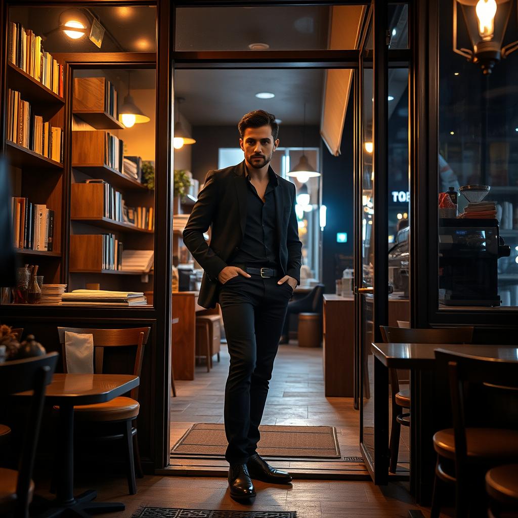 A man dressed in sleek black clothes enters a cozy cafe shop at night, the warm glow of the cafe lighting illuminating his figure