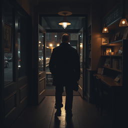 A mysterious man dressed in black clothes is seen from behind as he walks into a cozy cafe shop at night