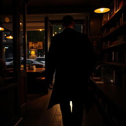 A mysterious man dressed in black clothes is seen from behind as he walks into a cozy cafe shop at night