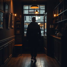 A mysterious man dressed in black clothes is seen from behind as he walks into a cozy cafe shop at night