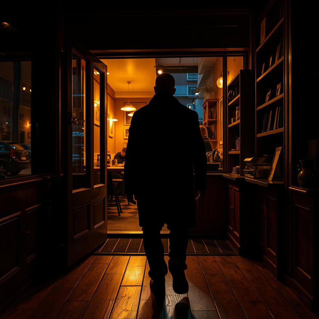 A mysterious man dressed in black clothes is seen from behind as he walks into a cozy cafe shop at night