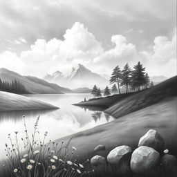 A beautiful painting of nature in a black and white color scheme, featuring a serene landscape with gentle hills, a calm lake reflecting the cloudy sky, and trees swaying softly in the breeze