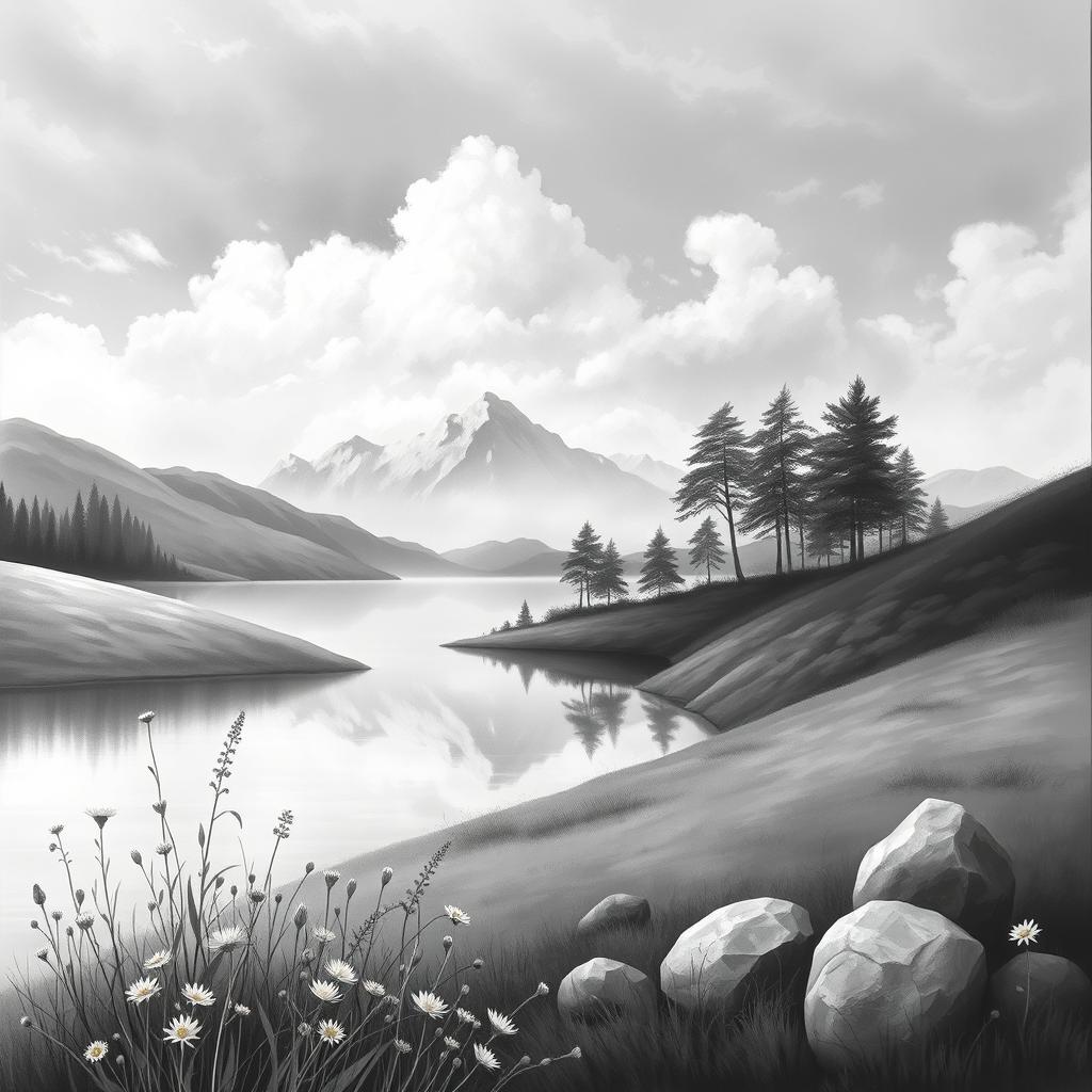 A beautiful painting of nature in a black and white color scheme, featuring a serene landscape with gentle hills, a calm lake reflecting the cloudy sky, and trees swaying softly in the breeze