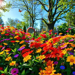 A vibrant and colorful garden filled with a variety of blooming flowers in full springtime glory