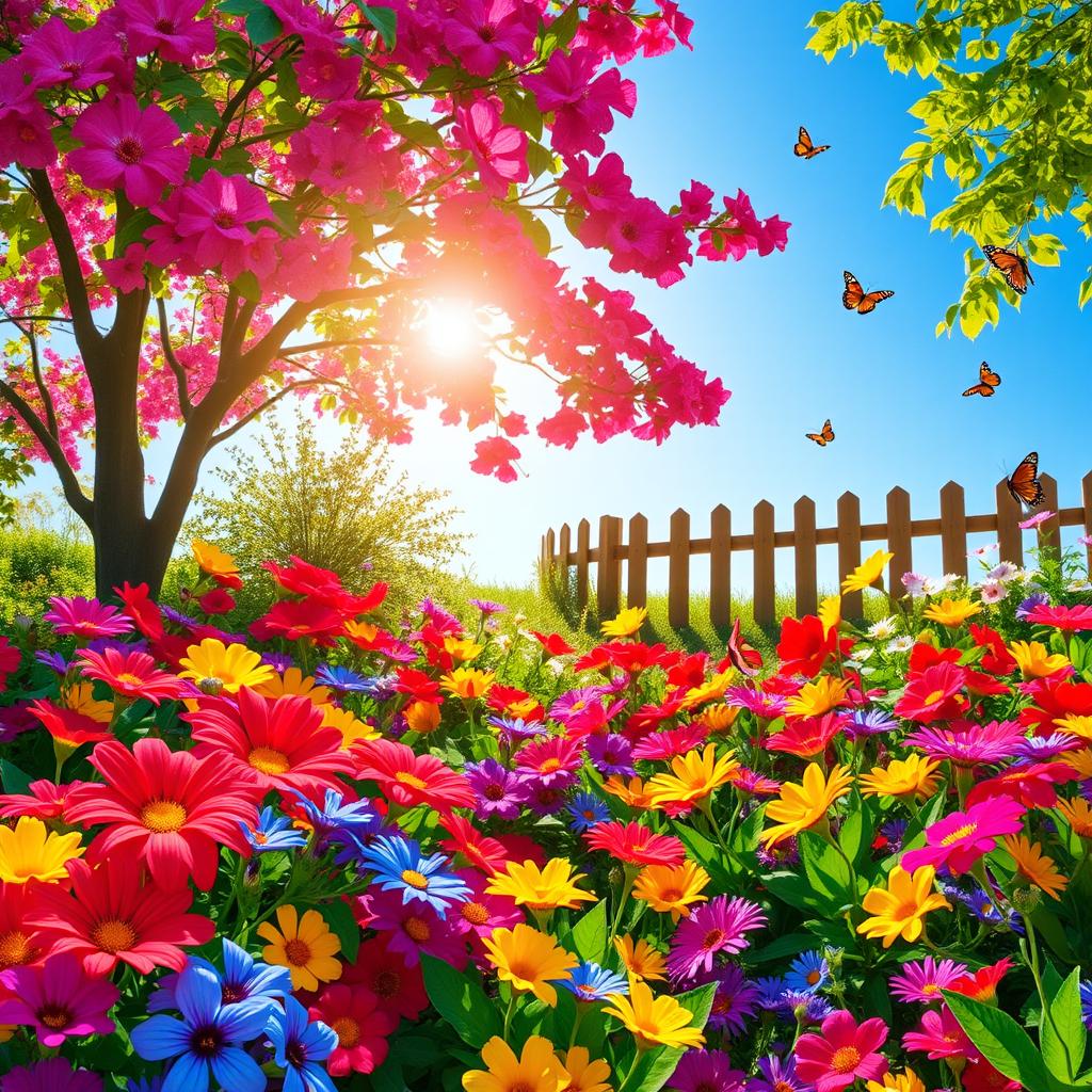 A vibrant and colorful garden filled with a variety of blooming flowers in full springtime glory