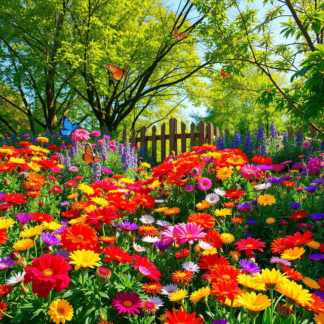 A vibrant and colorful garden filled with a variety of blooming flowers in full springtime glory