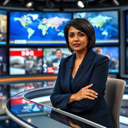 A captivating image of a BBC news presenter sitting in a modern newsroom