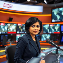 A captivating image of a BBC news presenter sitting in a modern newsroom