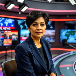 A captivating image of a BBC news presenter sitting in a modern newsroom