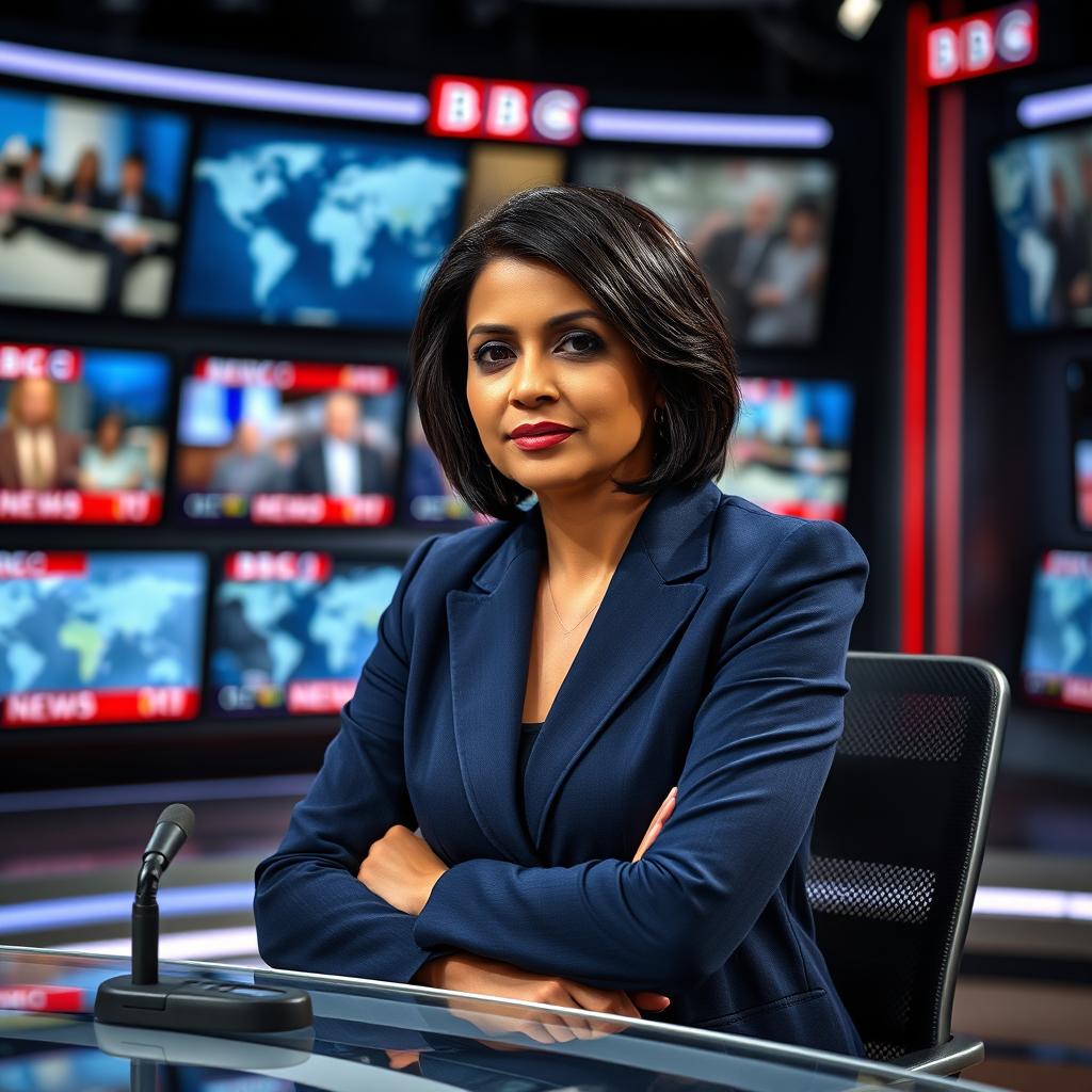 A captivating image of a BBC news presenter sitting in a modern newsroom