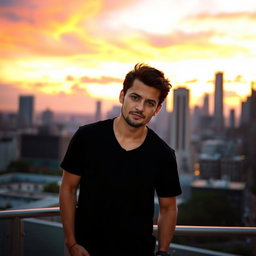 A person wearing a black t-shirt, standing confidently in an urban environment