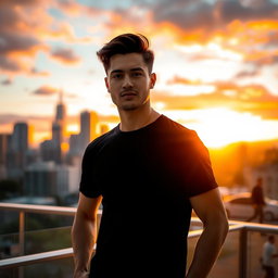 A person wearing a black t-shirt, standing confidently in an urban environment