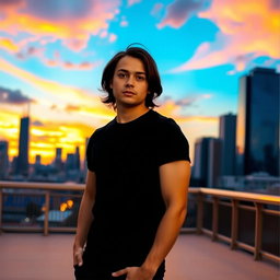 A person wearing a black t-shirt, standing confidently in an urban environment