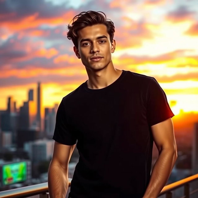 A person wearing a black t-shirt, standing confidently in an urban environment