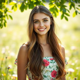A striking portrait of a young woman with long flowing hair, wearing a vibrant summer dress adorned with floral patterns