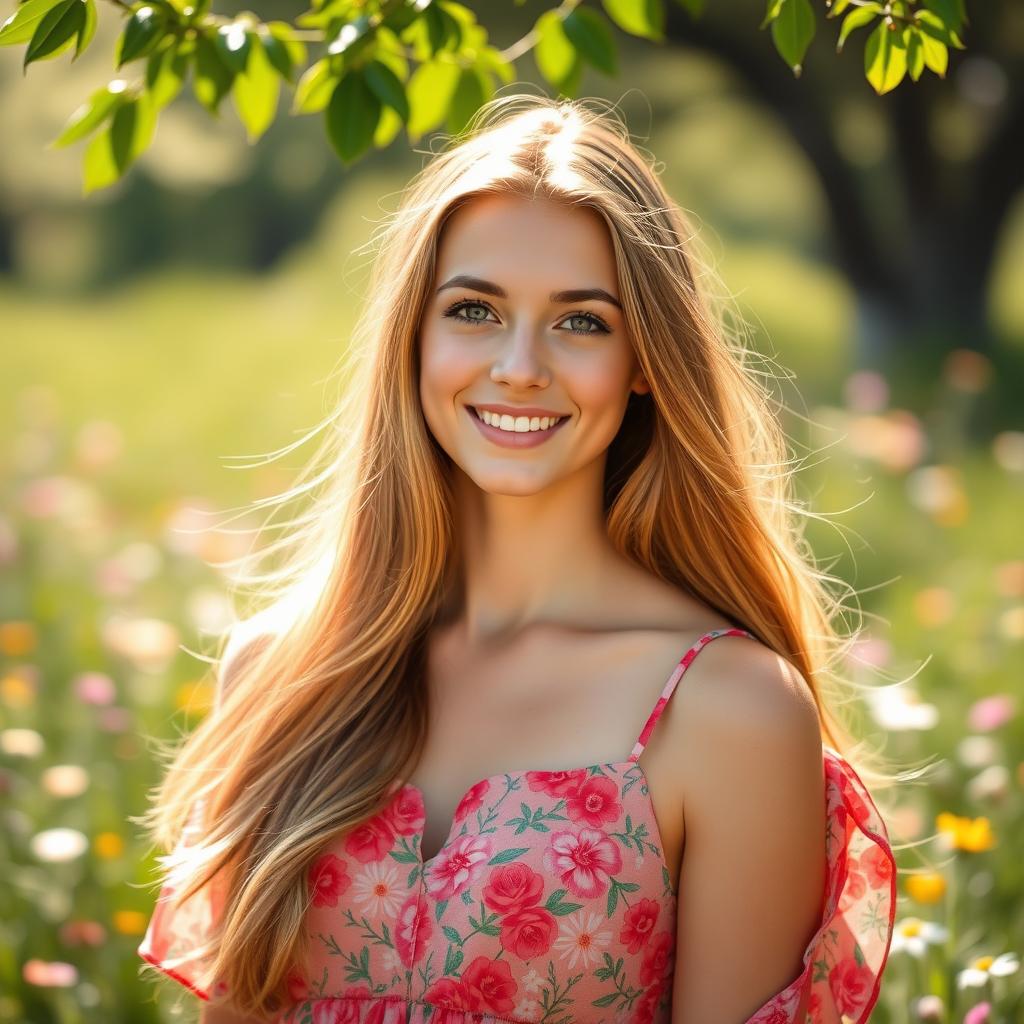 A striking portrait of a young woman with long flowing hair, wearing a vibrant summer dress adorned with floral patterns