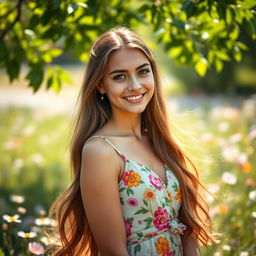 A striking portrait of a young woman with long flowing hair, wearing a vibrant summer dress adorned with floral patterns