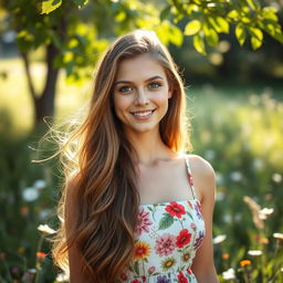 A striking portrait of a young woman with long flowing hair, wearing a vibrant summer dress adorned with floral patterns