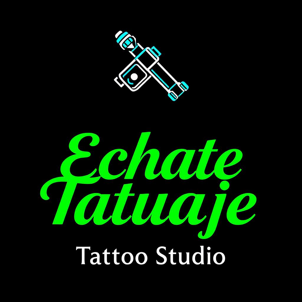 A stylized tattoo studio logo for "Echate Tatuaje Tattoo Studio" featuring a tattoo machine at the top, drawn with vibrant green and blue lines