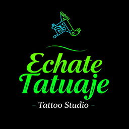 A stylized tattoo studio logo for "Echate Tatuaje Tattoo Studio" featuring a tattoo machine at the top, drawn with vibrant green and blue lines