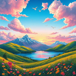 A vibrant and detailed illustration of a beautiful, serene landscape featuring a crystal-clear lake surrounded by lush green hills and colorful wildflowers in the foreground