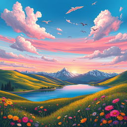 A vibrant and detailed illustration of a beautiful, serene landscape featuring a crystal-clear lake surrounded by lush green hills and colorful wildflowers in the foreground