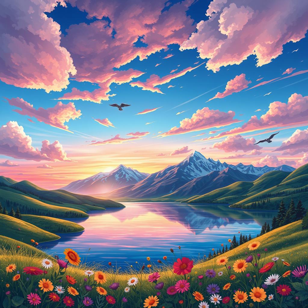 A vibrant and detailed illustration of a beautiful, serene landscape featuring a crystal-clear lake surrounded by lush green hills and colorful wildflowers in the foreground