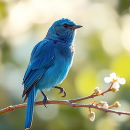 A beautiful and serene image of a vibrant blue bird, perched gracefully on a delicate branch against a soft, blurred background of gentle greens and whites that evoke a peaceful garden scene