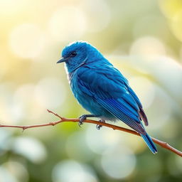 A beautiful and serene image of a vibrant blue bird, perched gracefully on a delicate branch against a soft, blurred background of gentle greens and whites that evoke a peaceful garden scene