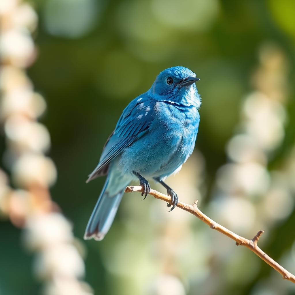 A beautiful and serene image of a vibrant blue bird, perched gracefully on a delicate branch against a soft, blurred background of gentle greens and whites that evoke a peaceful garden scene
