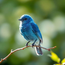 A beautiful and serene image of a vibrant blue bird, perched gracefully on a delicate branch against a soft, blurred background of gentle greens and whites that evoke a peaceful garden scene